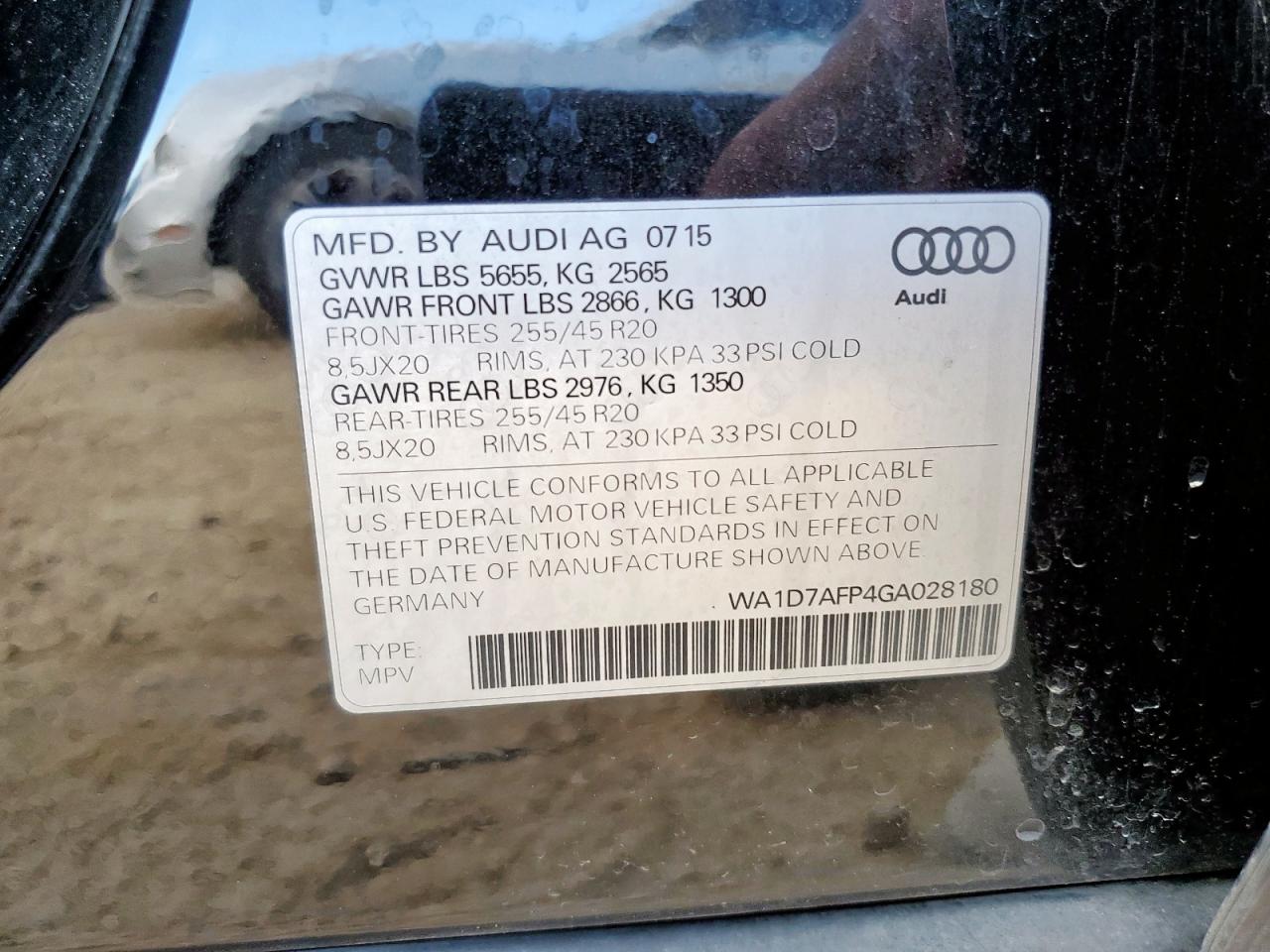 2016 Audi Q5 Premium Plus S-Line VIN: WA1D7AFP4GA028180 Lot: 67319865