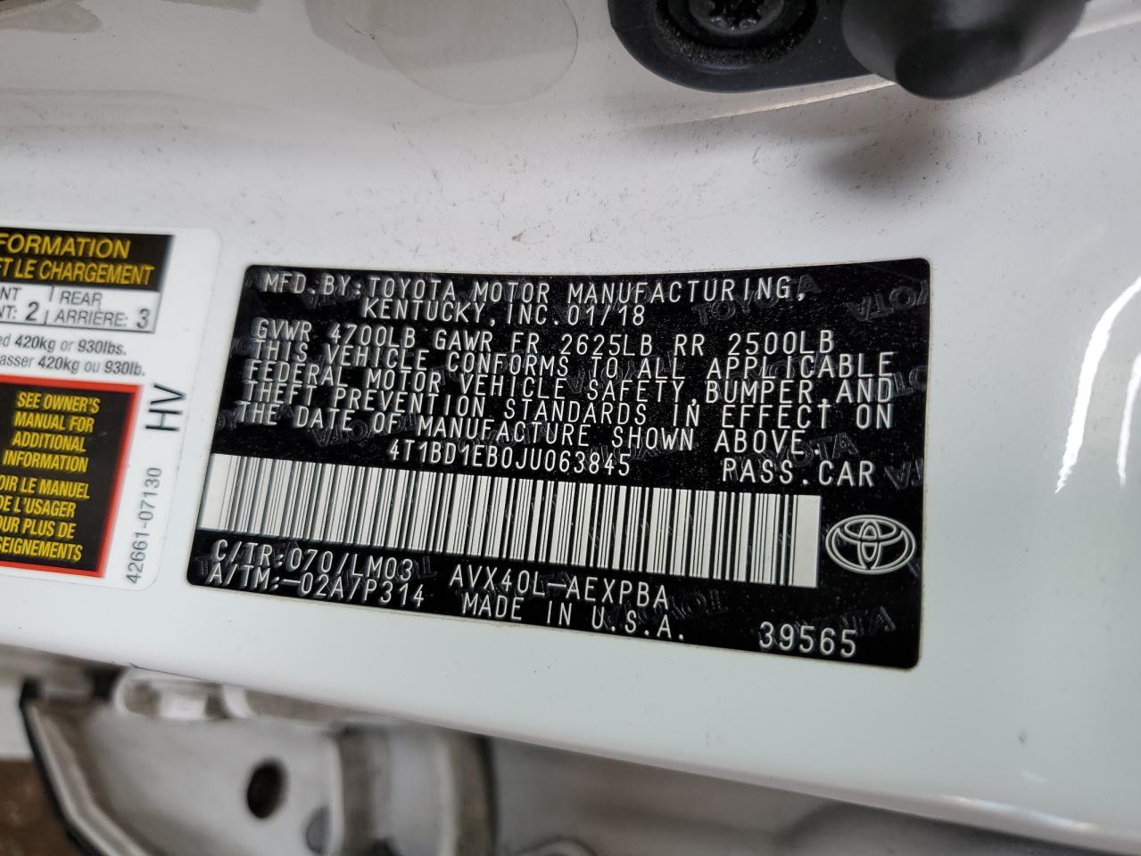 2018 Toyota Avalon Hybrid VIN: 4T1BD1EB0JU063845 Lot: 68025215