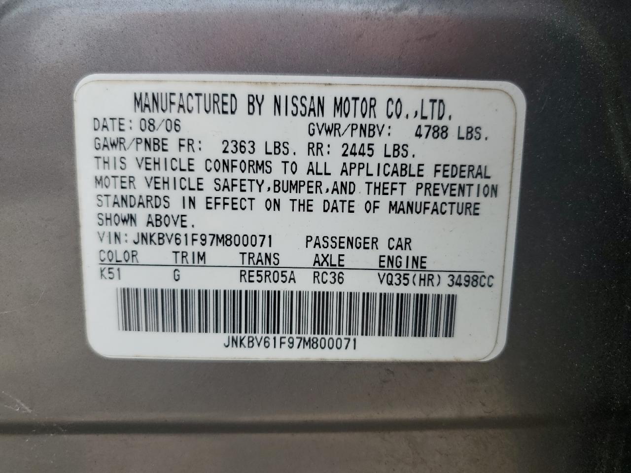 2007 Infiniti G35 VIN: JNKBV61F97M800071 Lot: 67228155