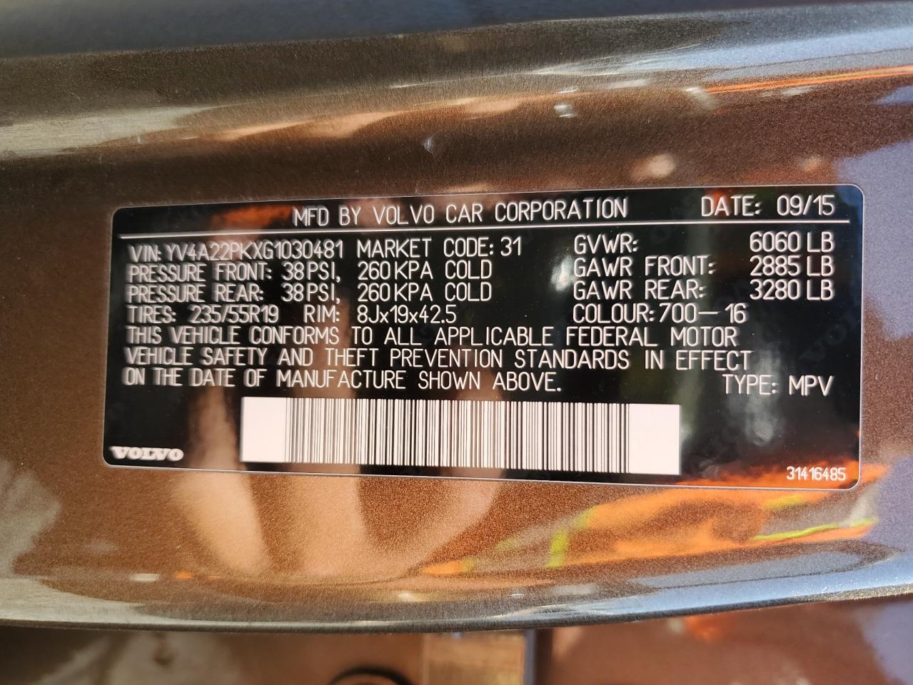 2016 Volvo Xc90 T6 VIN: YV4A22PKXG1030481 Lot: 68738205