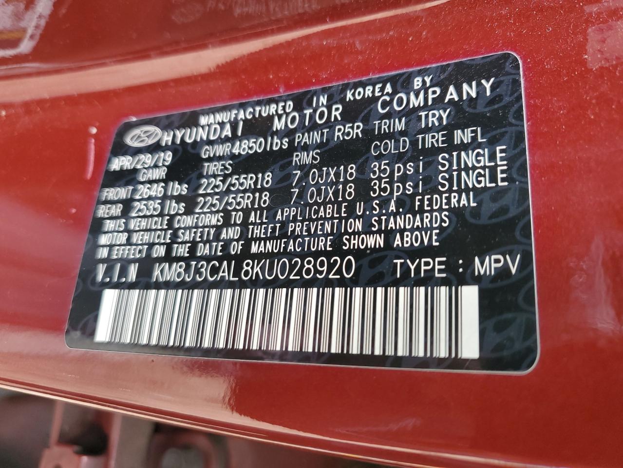 2019 Hyundai Tucson Limited VIN: KM8J3CAL8KU028920 Lot: 66334215