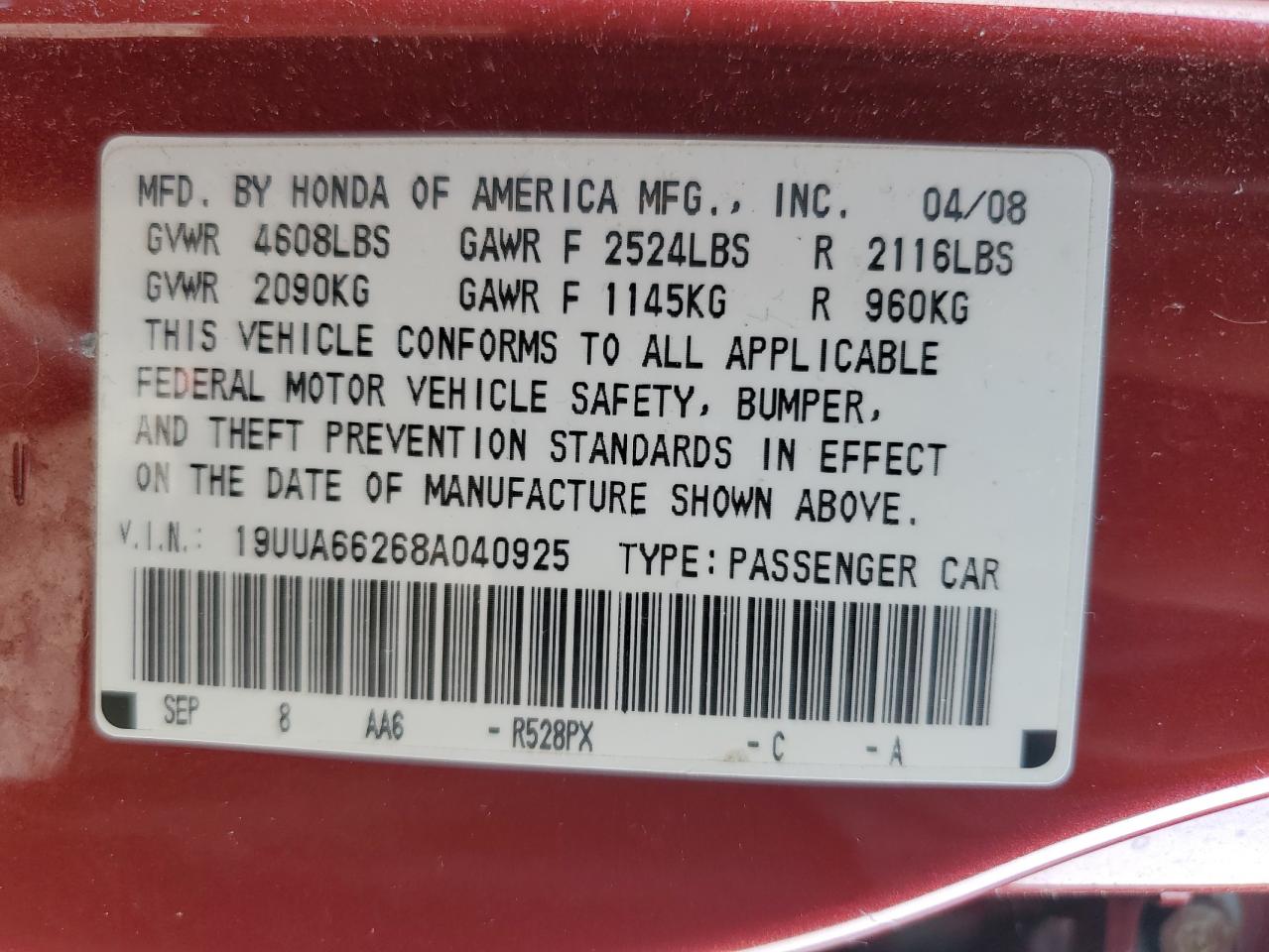 2008 Acura Tl VIN: 19UUA66268A040925 Lot: 67416265