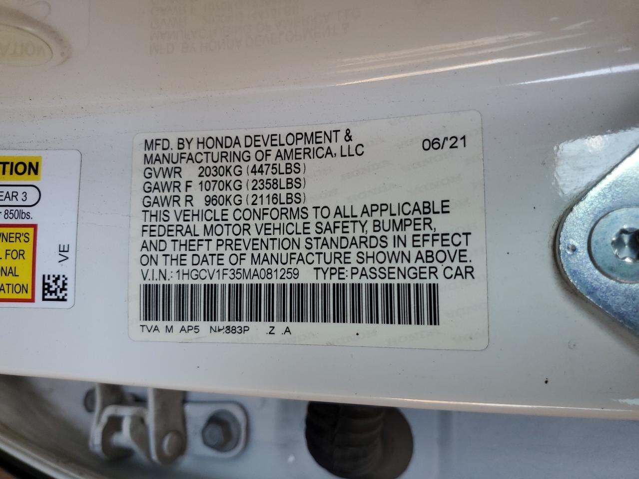 2021 Honda Accord Sport VIN: 1HGCV1F35MA081259 Lot: 69469185