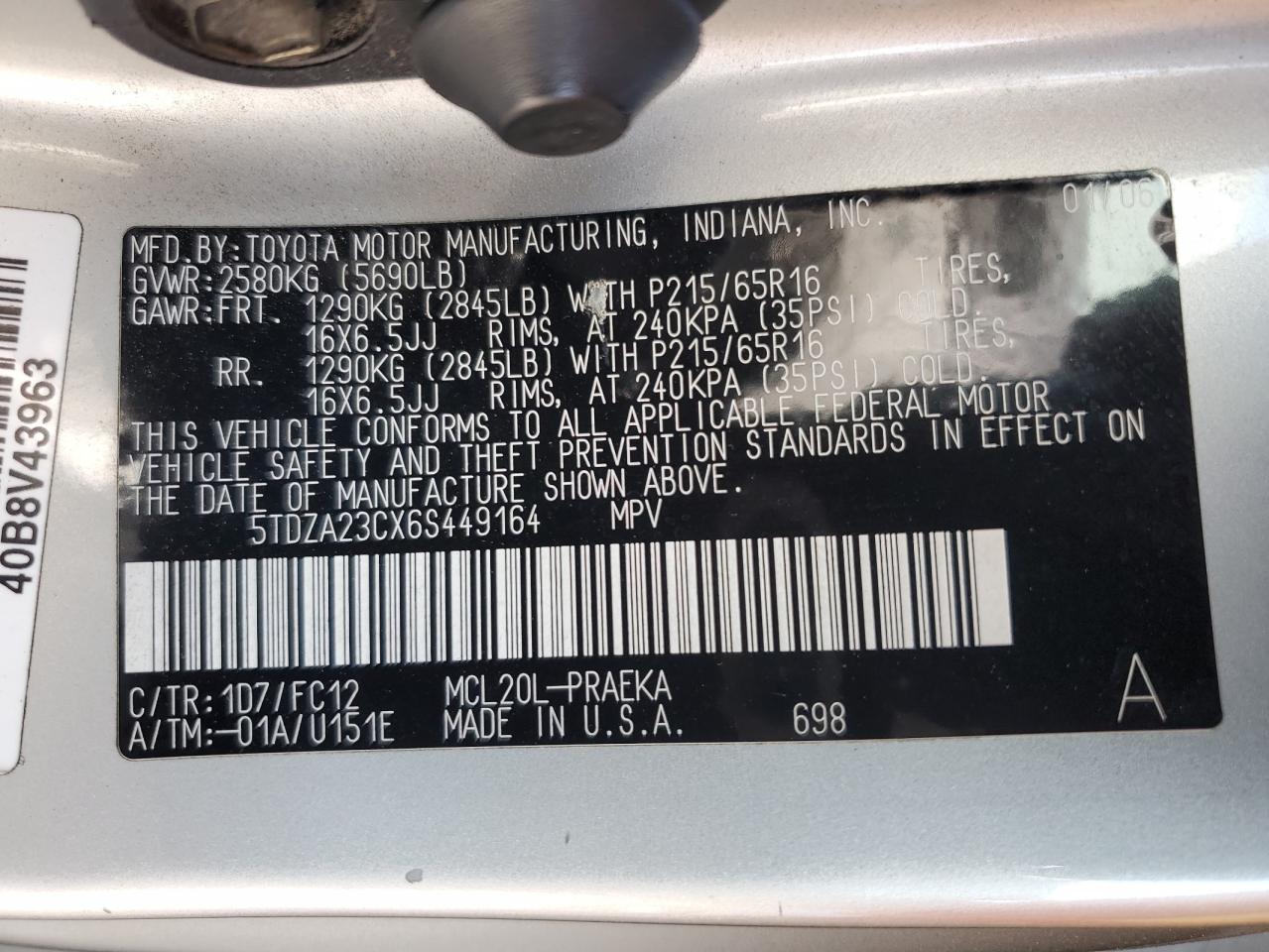 2006 Toyota Sienna Ce VIN: 5TDZA23CX6S449164 Lot: 68389685