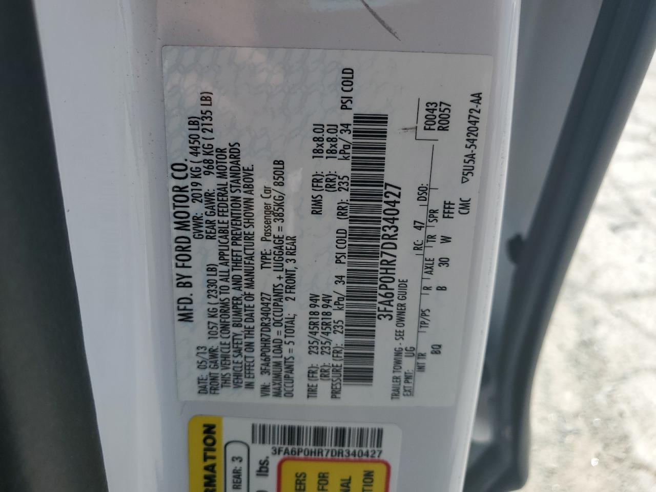 2013 Ford Fusion Se VIN: 3FA6P0HR7DR340427 Lot: 70925525