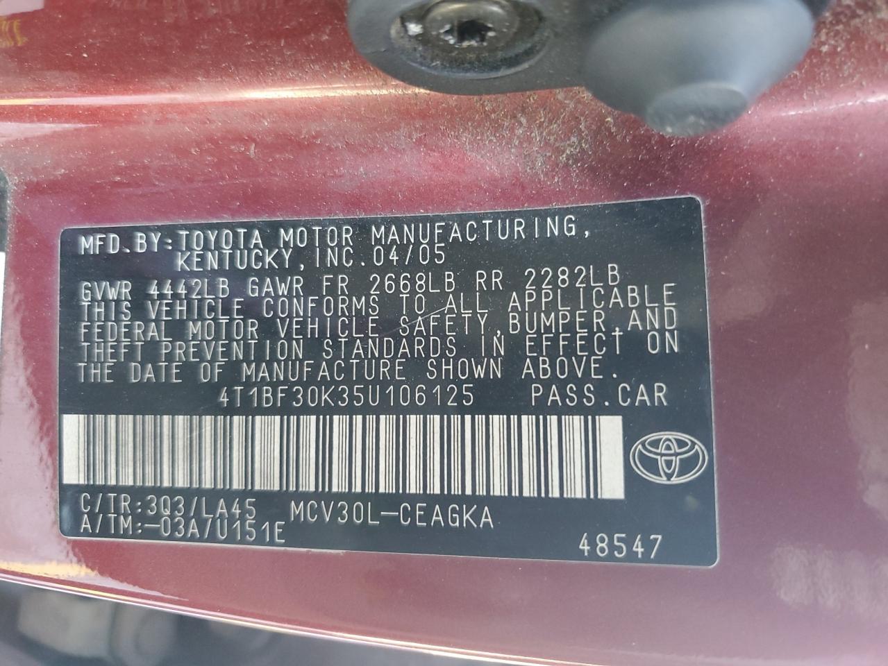 2005 Toyota Camry Le VIN: 4T1BF30K35U106125 Lot: 67823235