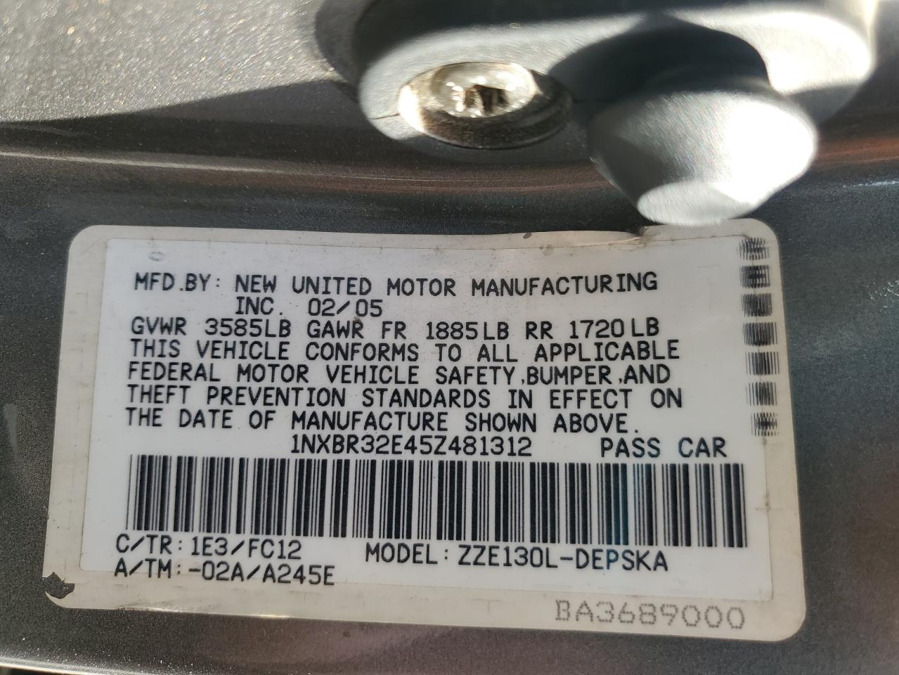 2005 Toyota Corolla Ce VIN: 1NXBR32E45Z481312 Lot: 67233625