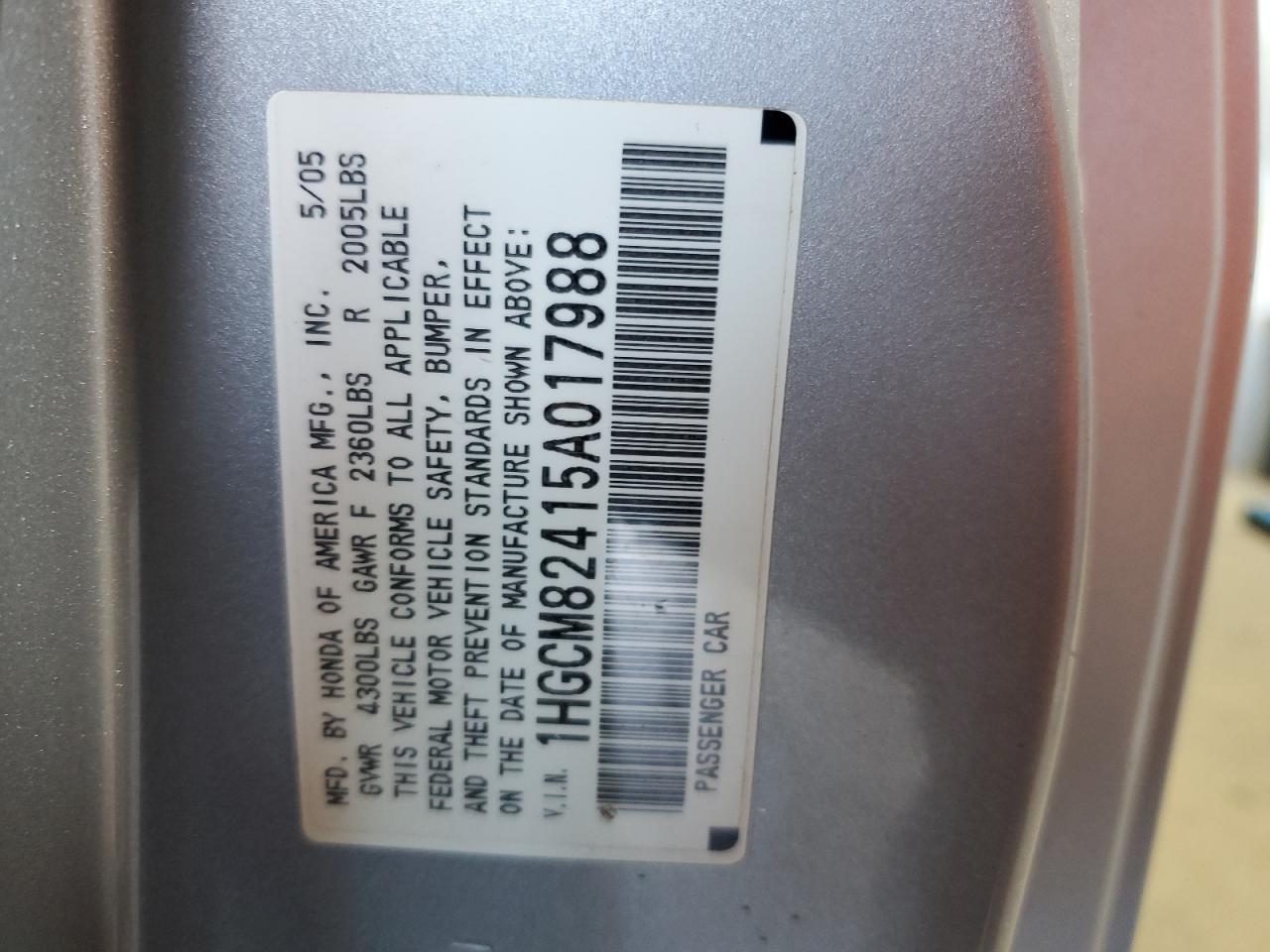 2005 Honda Accord Se VIN: 1HGCM82415A017988 Lot: 68972585