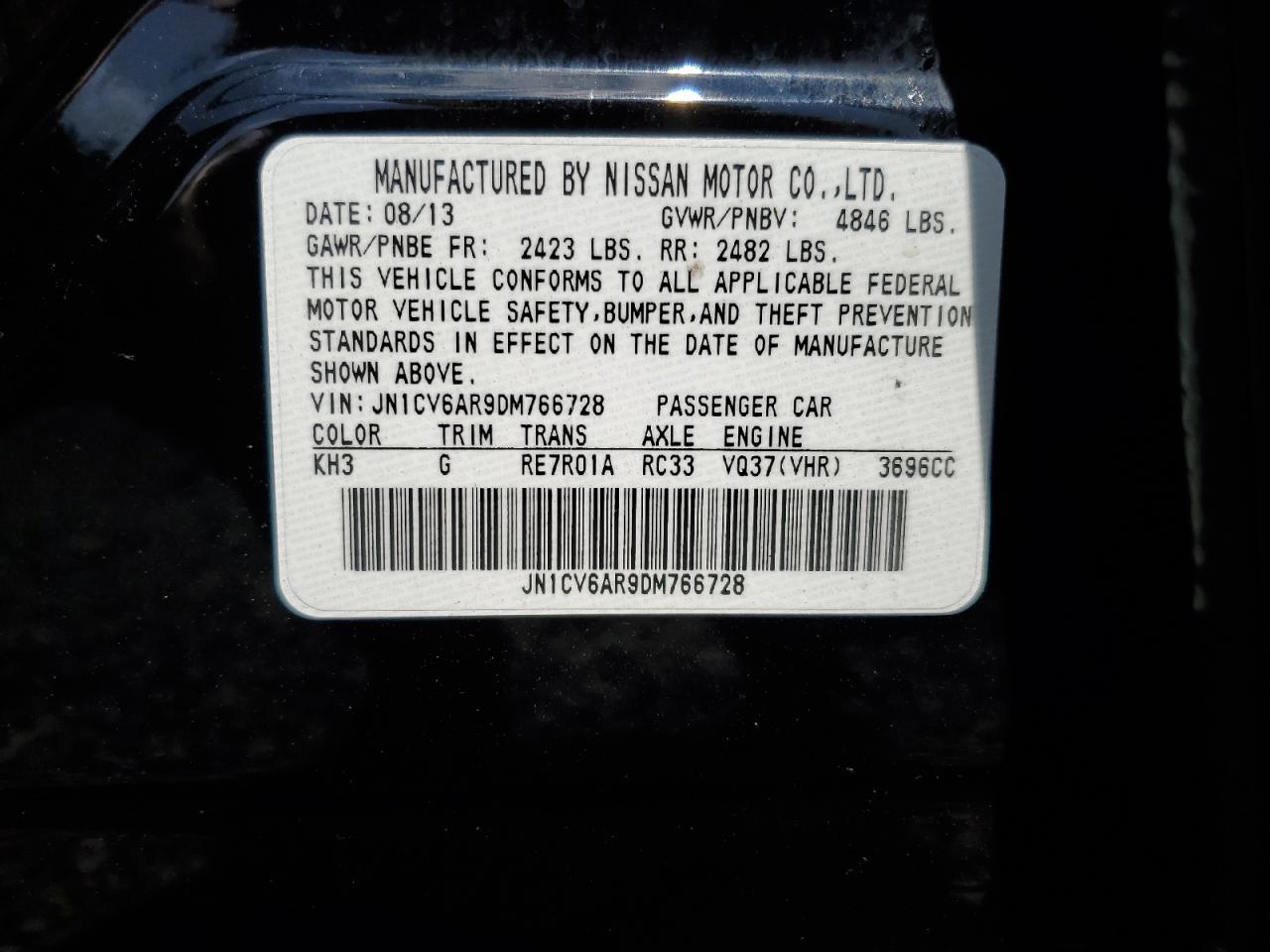 2013 Infiniti G37 VIN: JN1CV6AR9DM766728 Lot: 68528485