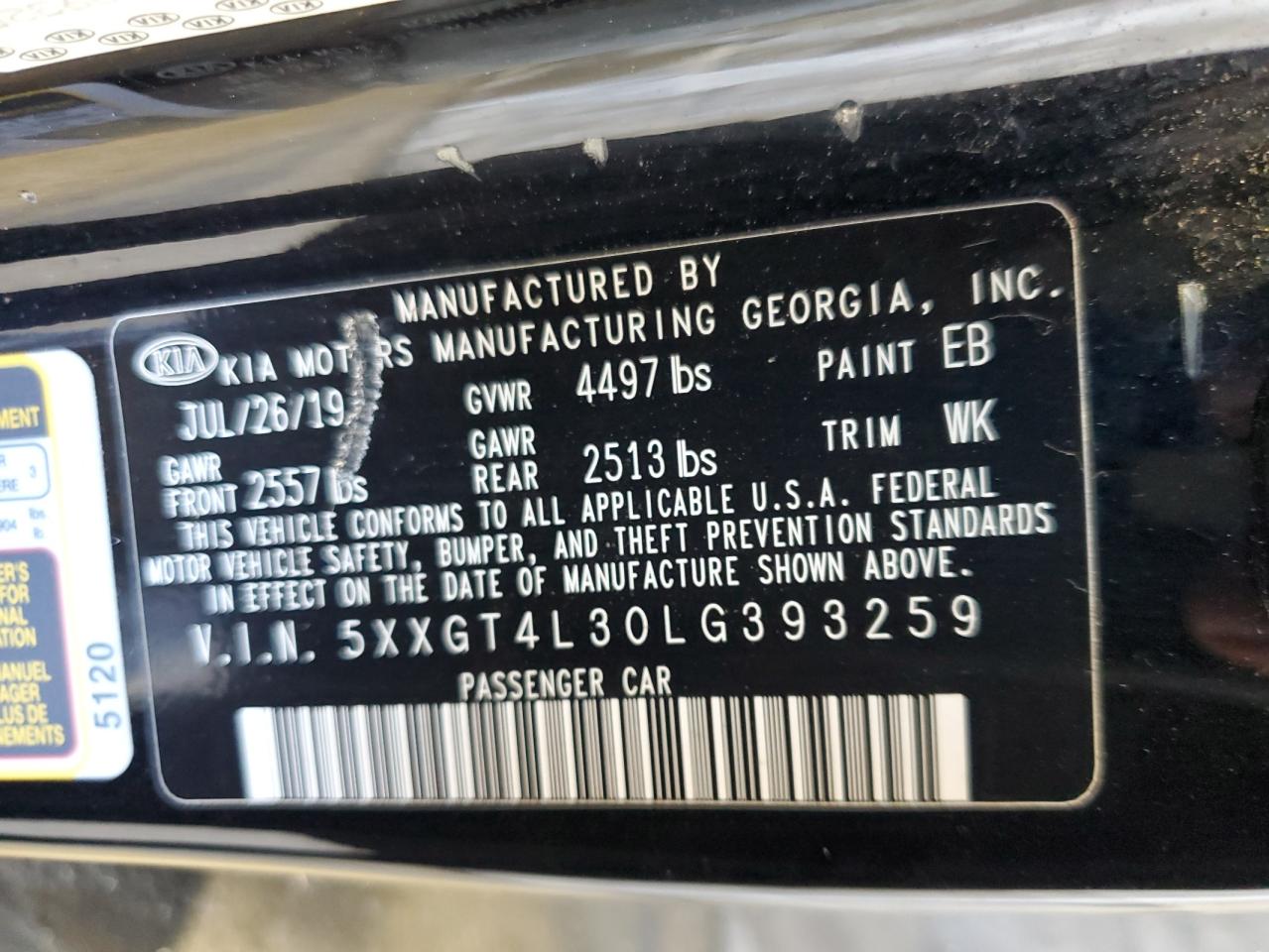 2020 Kia Optima Lx VIN: 5XXGT4L30LG393259 Lot: 65651695