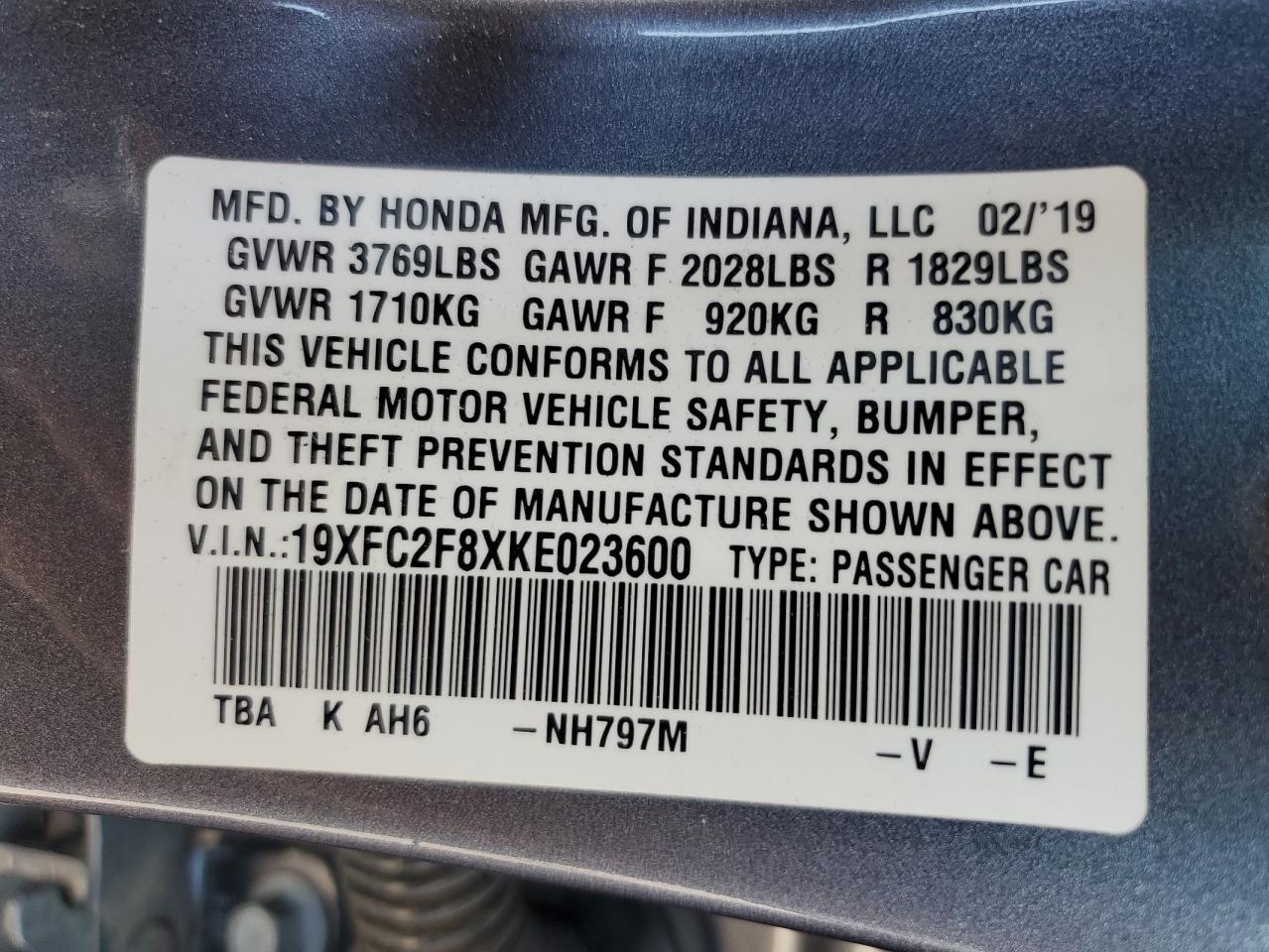 2019 Honda Civic Sport VIN: 19XFC2F8XKE023600 Lot: 71202545