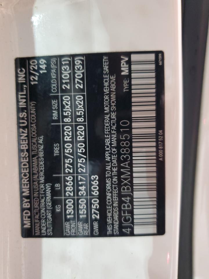 2021 Mercedes-Benz Gle 350 VIN: 4JGFB4JBXMA388510 Lot: 70214285