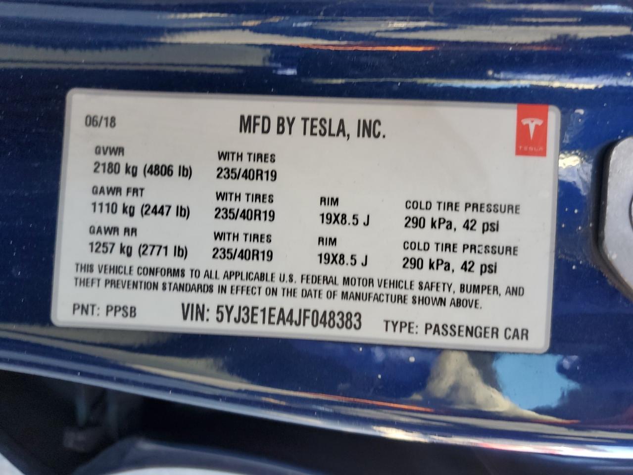 2018 Tesla Model 3 VIN: 5YJ3E1EA4JF048383 Lot: 68702045