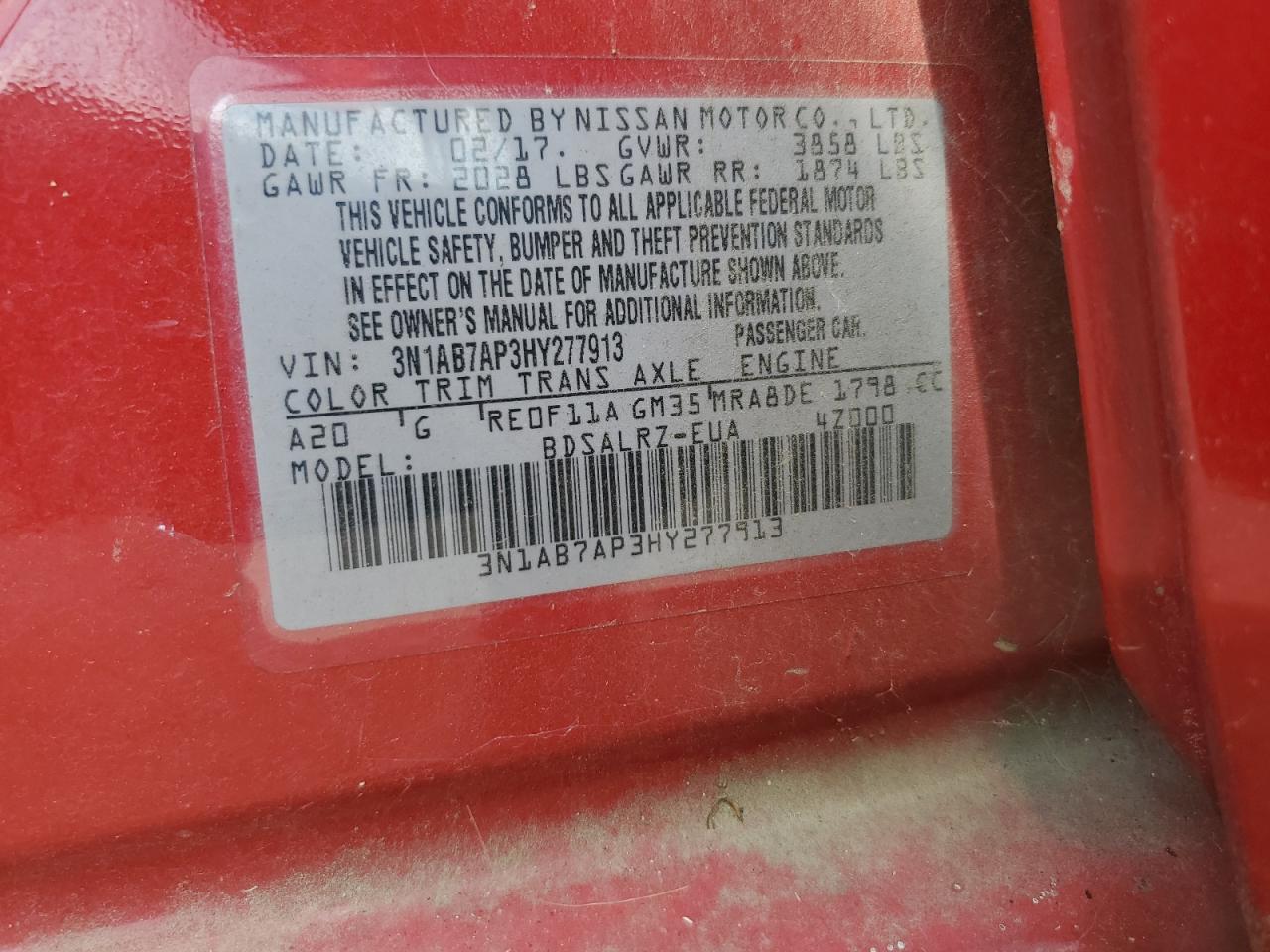 2017 Nissan Sentra S VIN: 3N1AB7AP3HY277913 Lot: 70044125