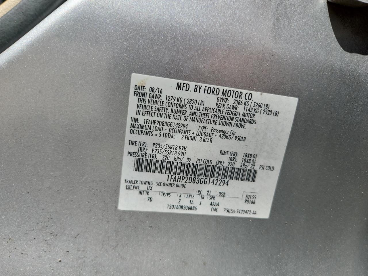 2016 Ford Taurus Se VIN: 1FAHP2D83GG142294 Lot: 67374265