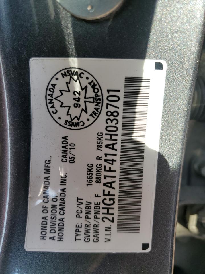 2010 Honda Civic Dx-G VIN: 2HGFA1F41AH038701 Lot: 67812135