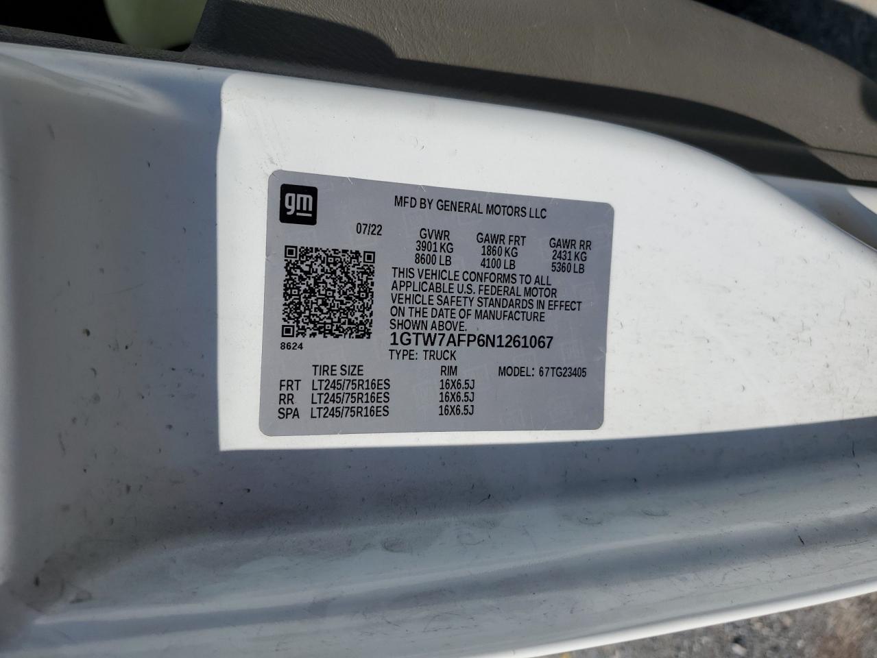 2022 GMC Savana G2500 VIN: 1GTW7AFP6N1261067 Lot: 70101585