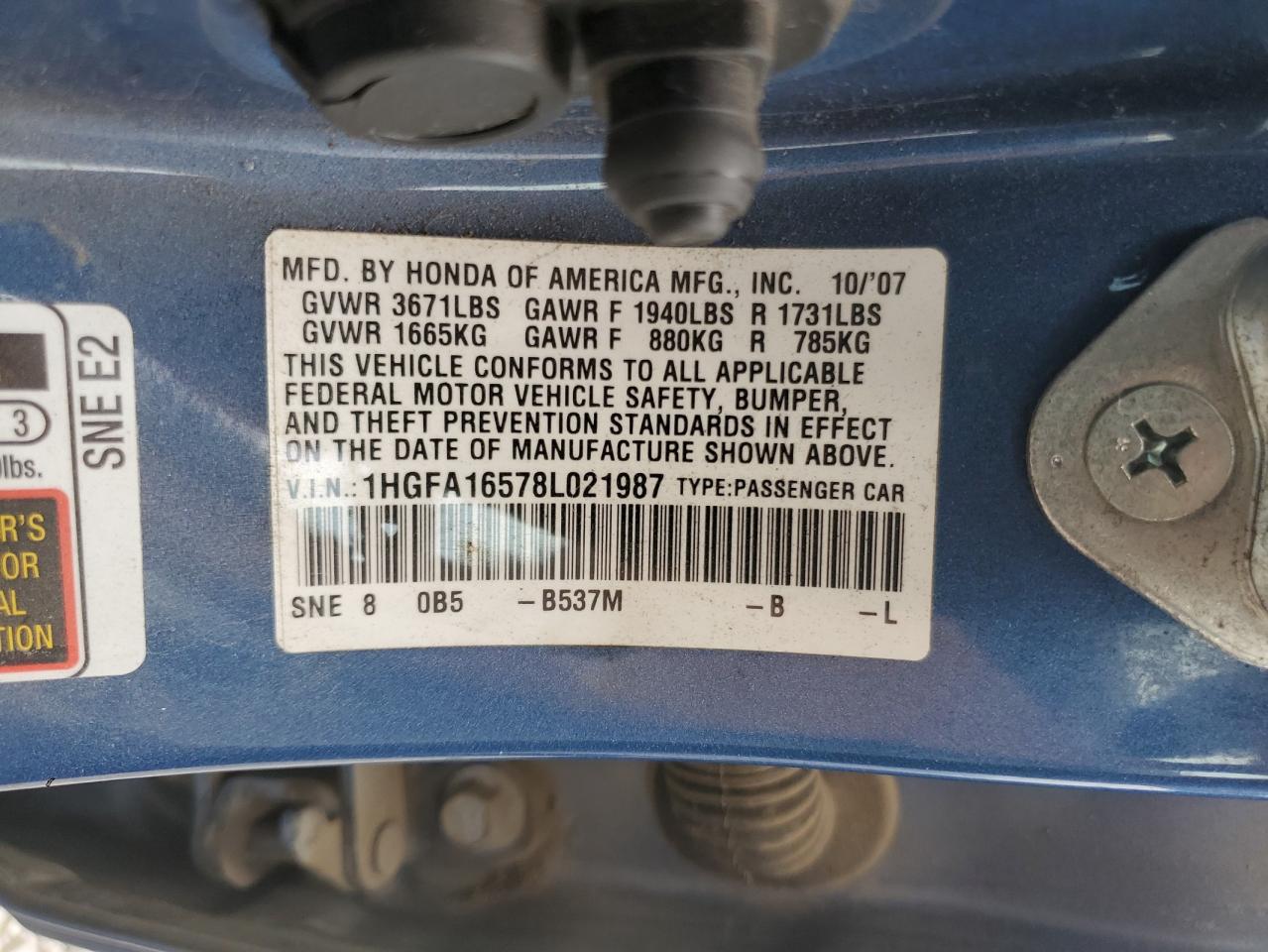 2008 Honda Civic Lx VIN: 1HGFA16578L021987 Lot: 70225605