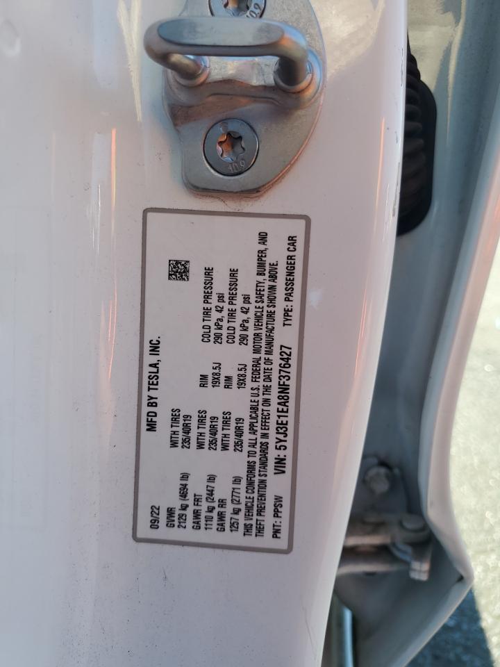 2022 Tesla Model 3 VIN: 5YJ3E1EA8NF376427 Lot: 71063015