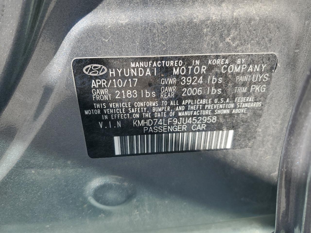 2018 Hyundai Elantra Se VIN: KMHD74LF9JU452958 Lot: 70473895