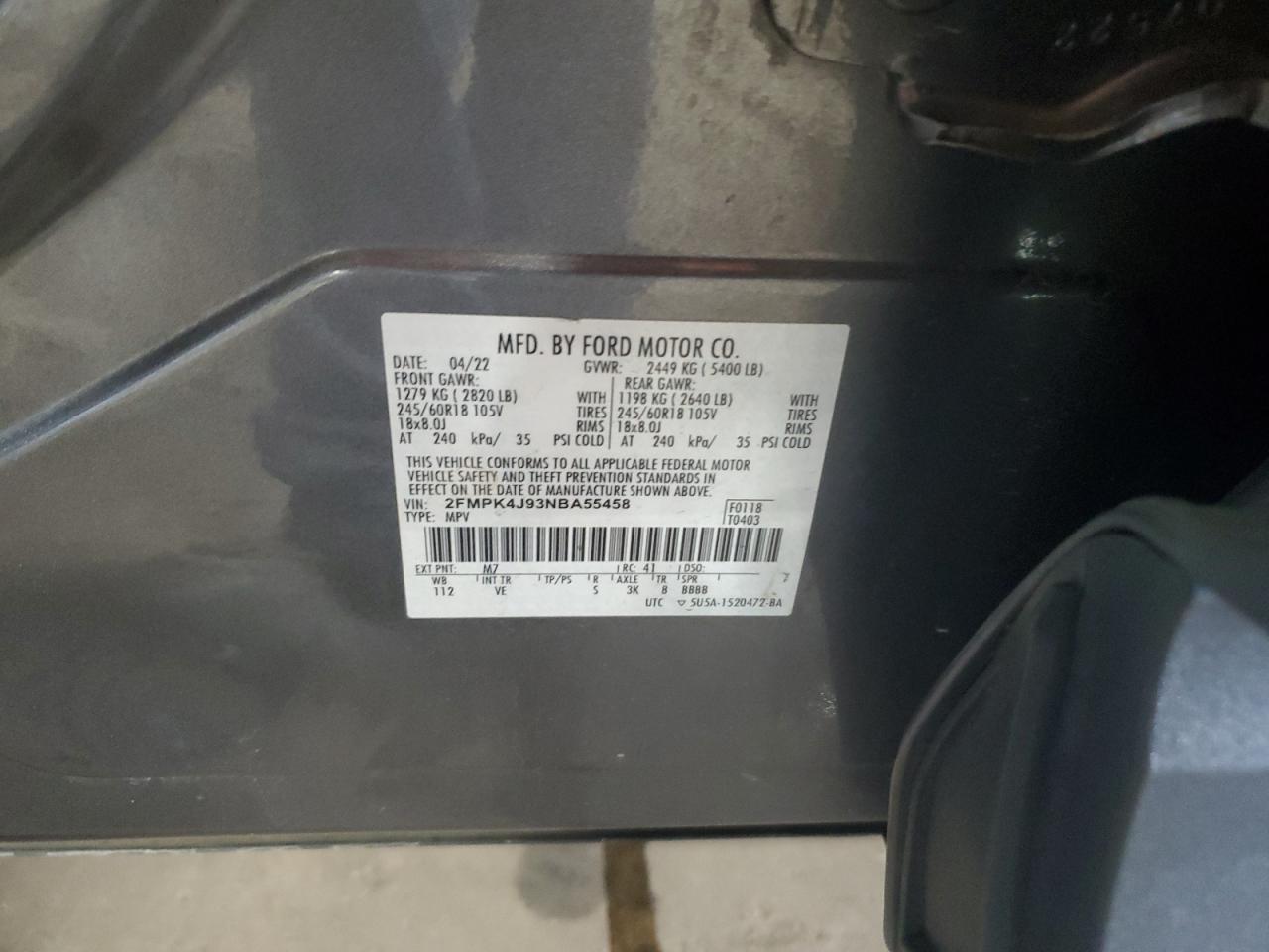 2022 Ford Edge Sel VIN: 2FMPK4J93NBA55458 Lot: 67552765