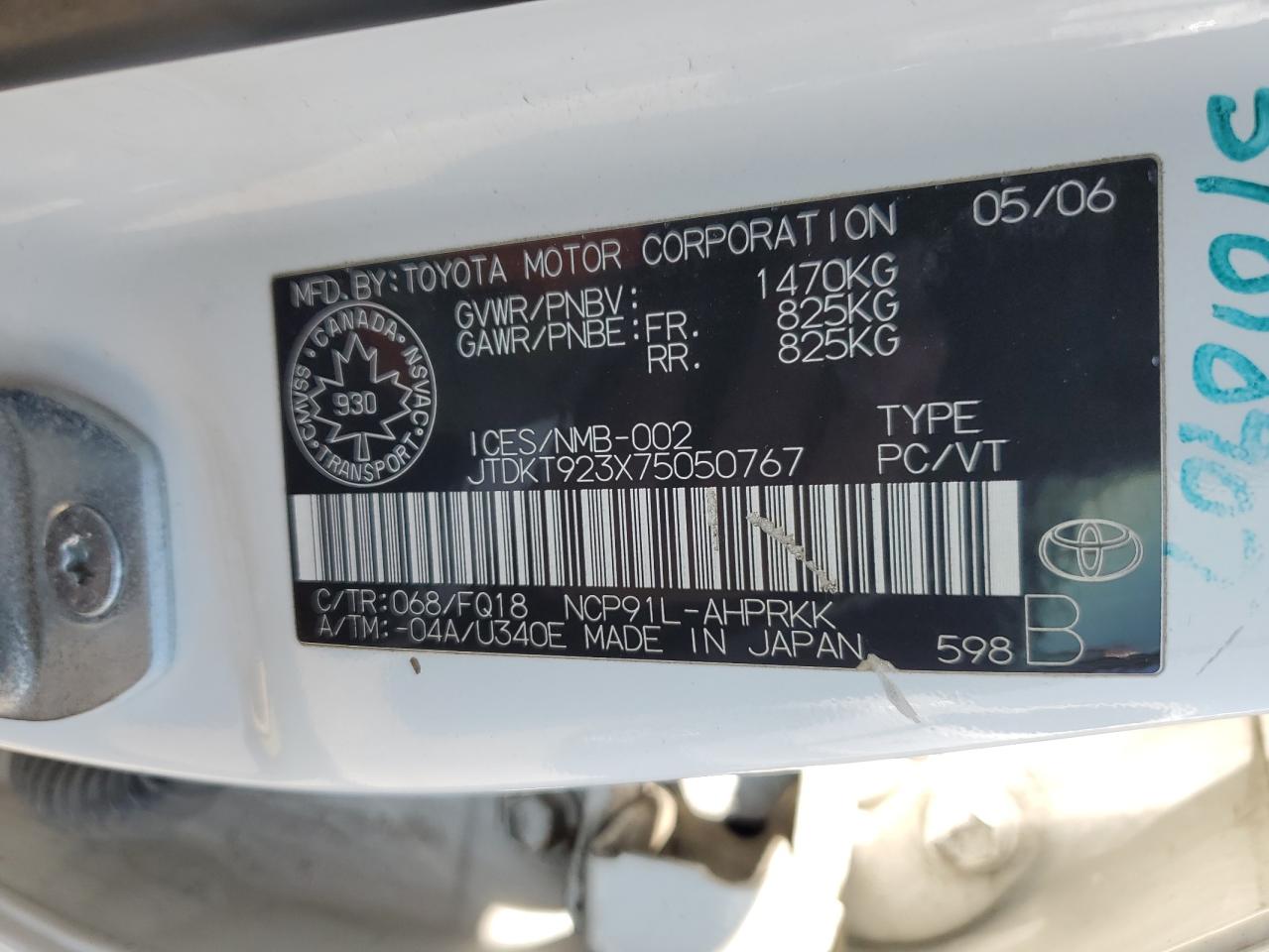 2007 Toyota Yaris VIN: JTDKT923X75050767 Lot: 67530595