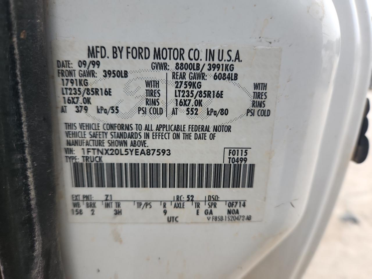 2000 Ford F250 Super Duty VIN: 1FTNX20L5YEA87593 Lot: 70891295