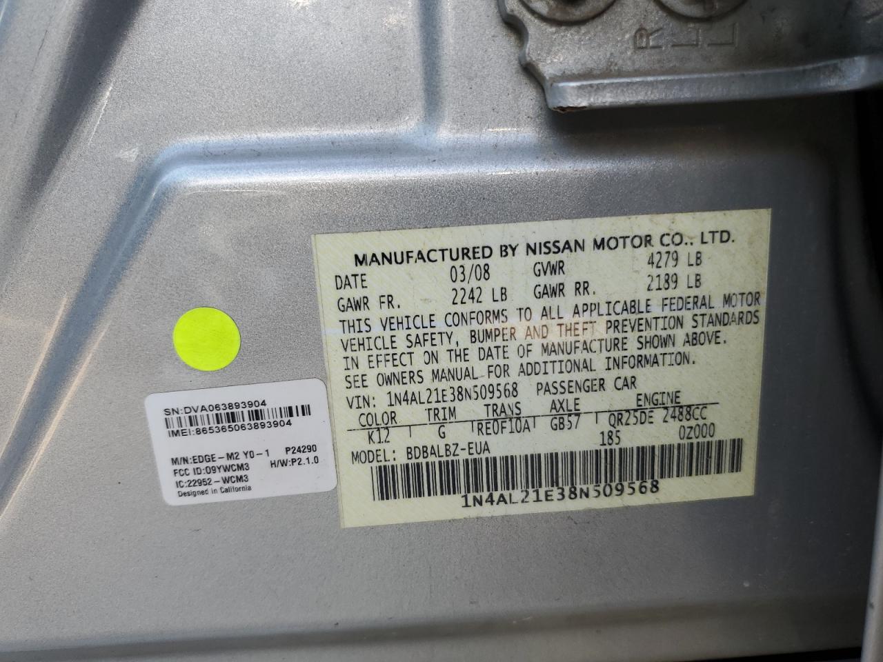 2008 Nissan Altima 2.5 VIN: 1N4AL21E38N509568 Lot: 68656015