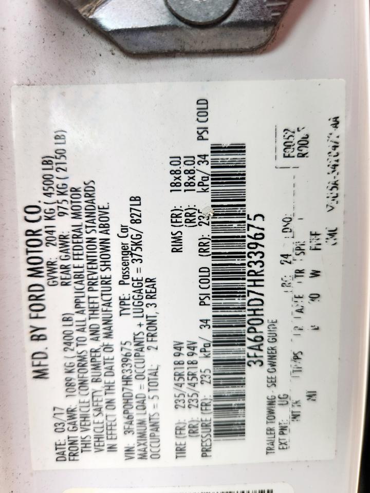 2017 Ford Fusion Se VIN: 3FA6P0HD7HR339675 Lot: 93013145