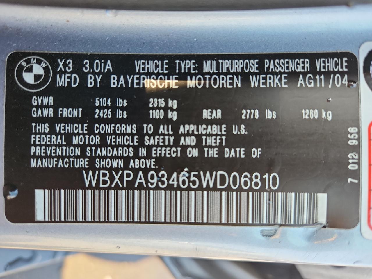 2005 BMW X3 3.0I VIN: WBXPA93465WD06810 Lot: 69843155