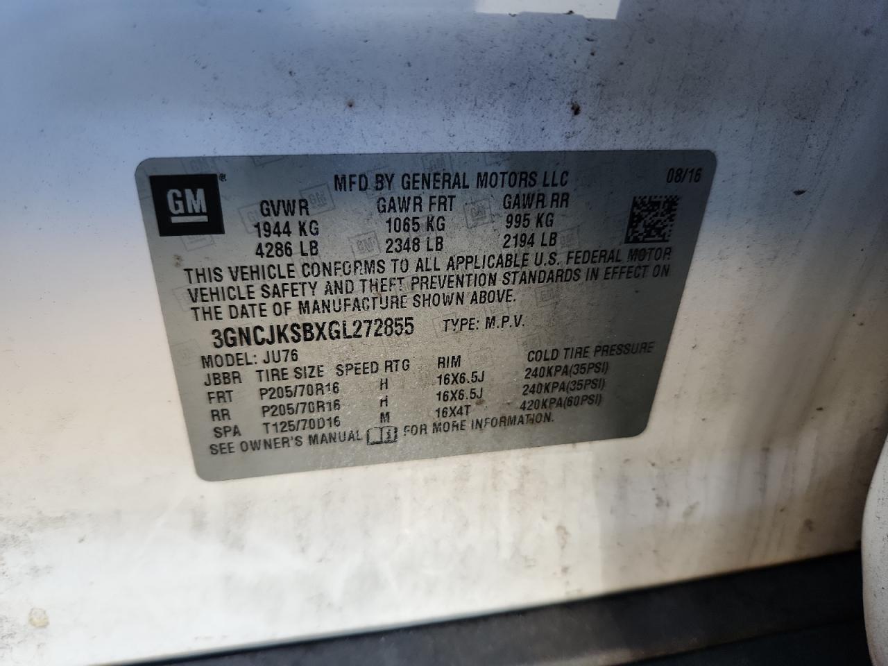 2016 Chevrolet Trax Ls VIN: 3GNCJKSBXGL272855 Lot: 71791025