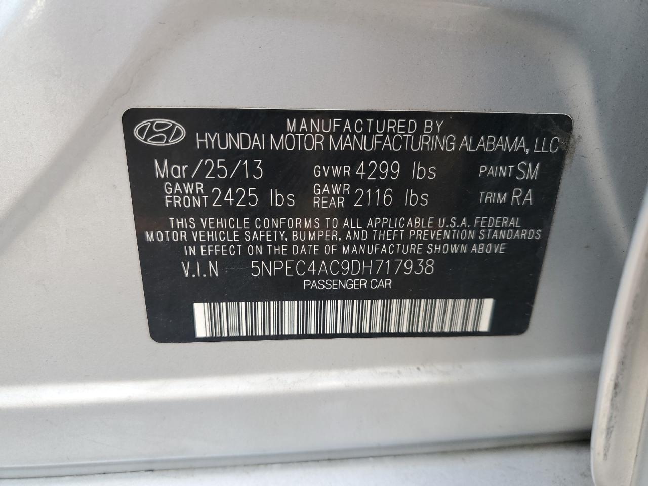 2013 Hyundai Sonata Se VIN: 5NPEC4AC9DH717938 Lot: 67650615