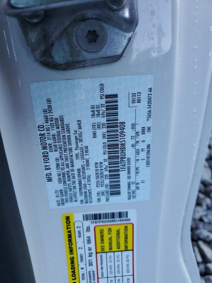 2021 Ford Mustang VIN: 1FATP8UH8M5109408 Lot: 70726355