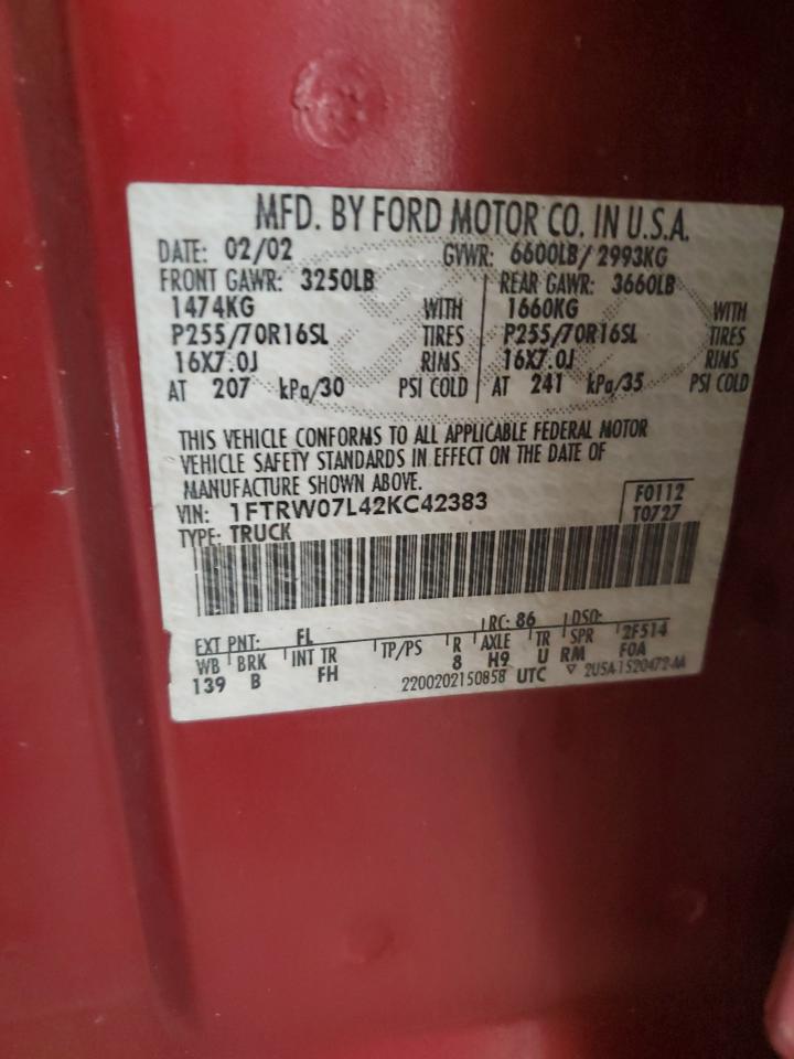2002 Ford F150 Supercrew VIN: 1FTRW07L42KC42383 Lot: 67435455