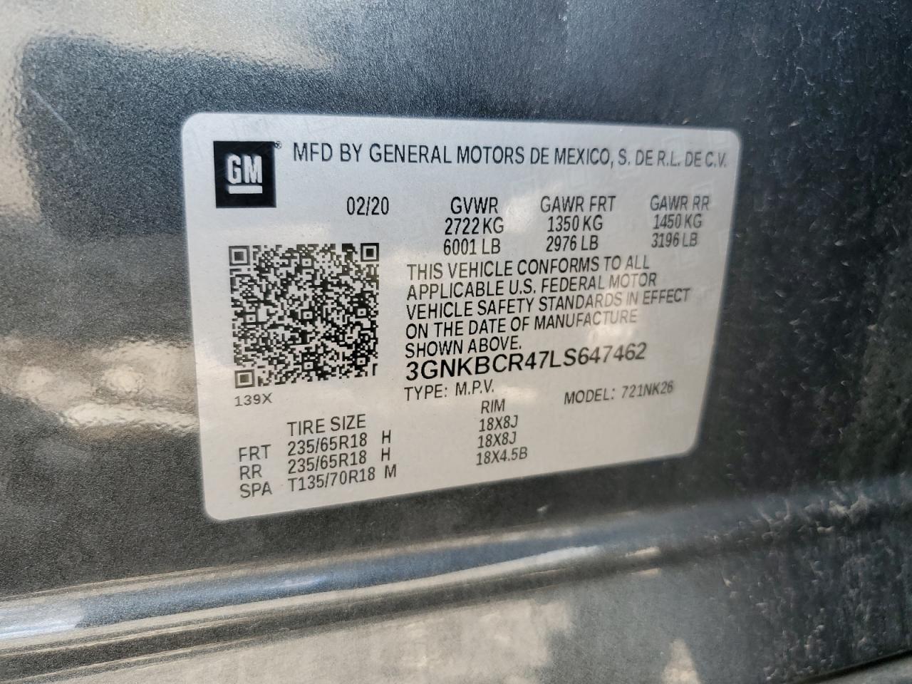 2020 Chevrolet Blazer 2Lt VIN: 3GNKBCR47LS647462 Lot: 68922485