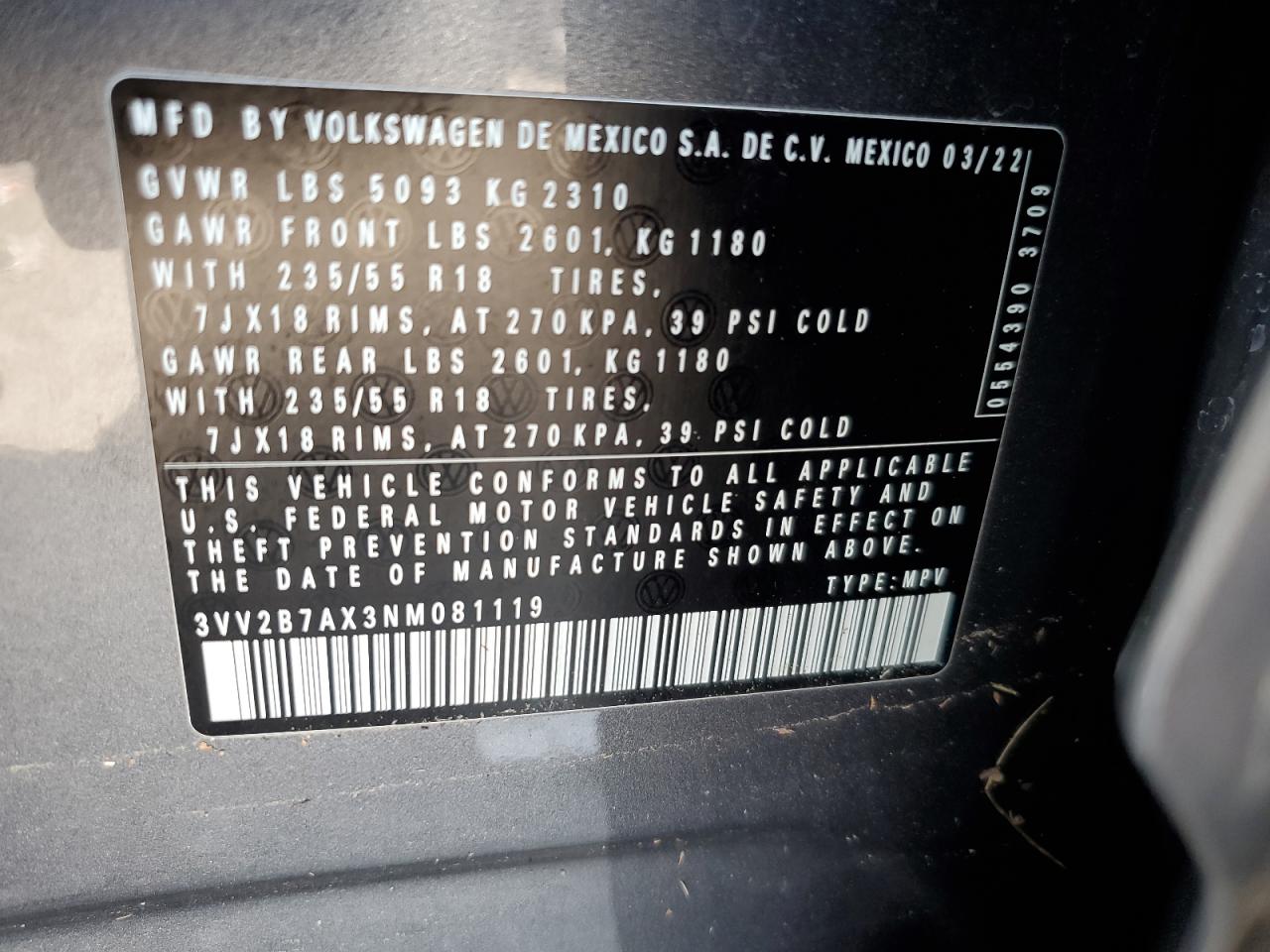 2022 Volkswagen Tiguan Se VIN: 3VV2B7AX3NM081119 Lot: 67534515