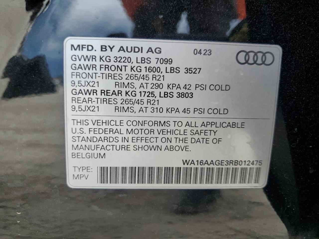 2024 Audi Q8 E-Tron Prestige VIN: WA16AAGE3RB012475 Lot: 69628875