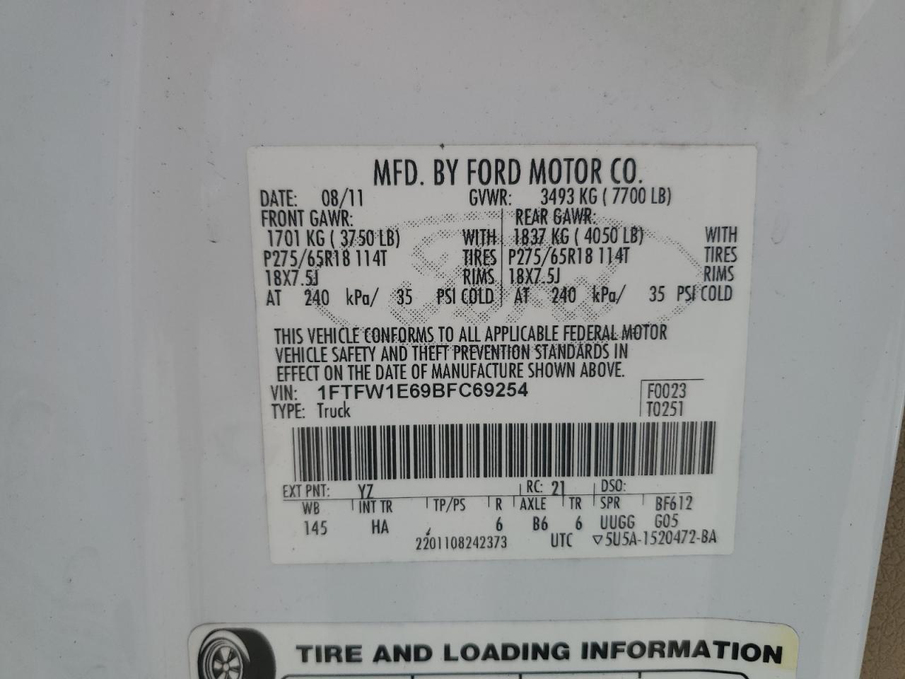 2011 Ford F150 Supercrew VIN: 1FTFW1E69BFC69254 Lot: 69798735