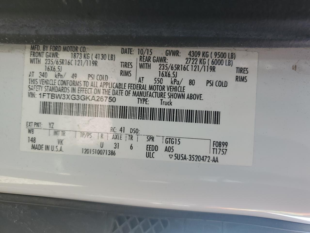 2016 Ford Transit T-350 VIN: 1FTBW3XG3GKA26750 Lot: 69248515