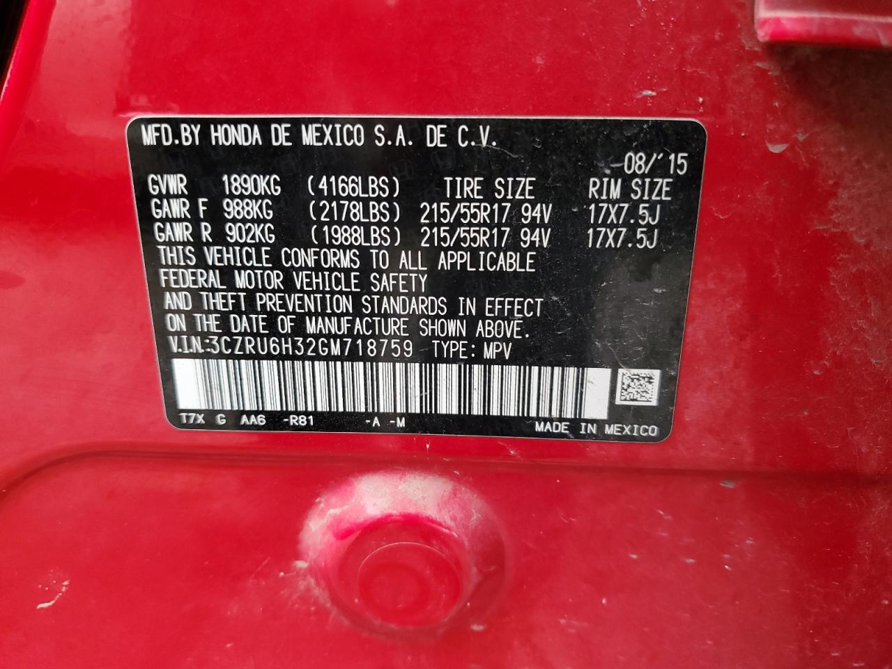 2016 Honda Hr-V Lx VIN: 3CZRU6H32GM718759 Lot: 70341315