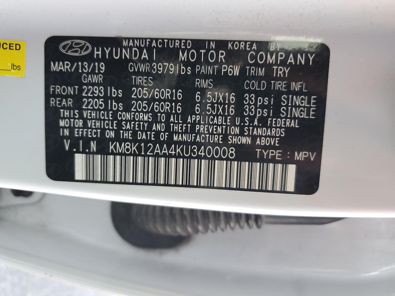 2019 Hyundai Kona Se VIN: KM8K12AA4KU340008 Lot: 70577465