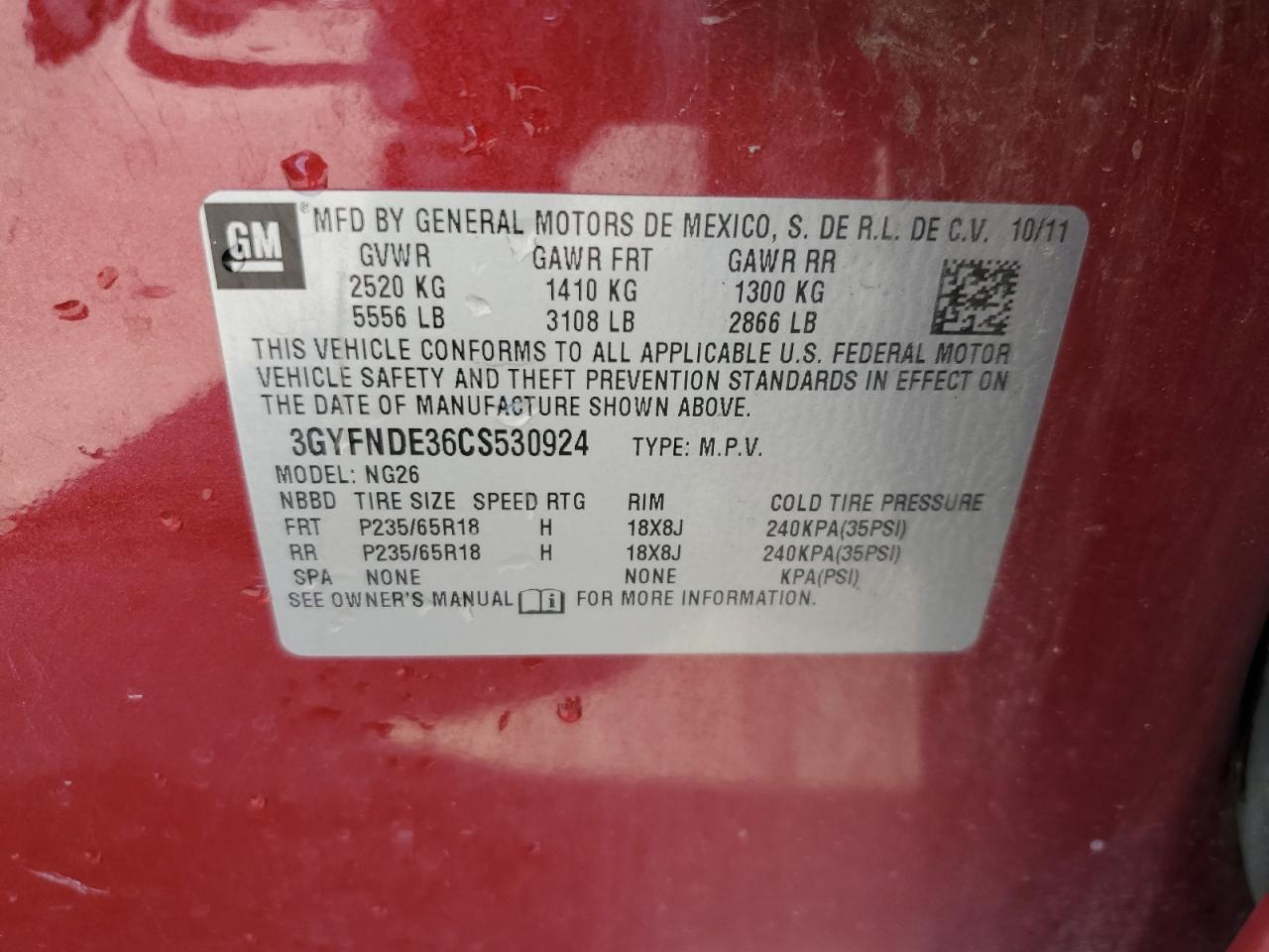 2012 Cadillac Srx Luxury Collection VIN: 3GYFNDE36CS530924 Lot: 68775435