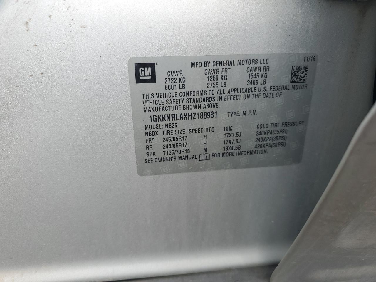 2017 GMC Acadia Sle VIN: 1GKKNRLAXHZ188931 Lot: 68948225