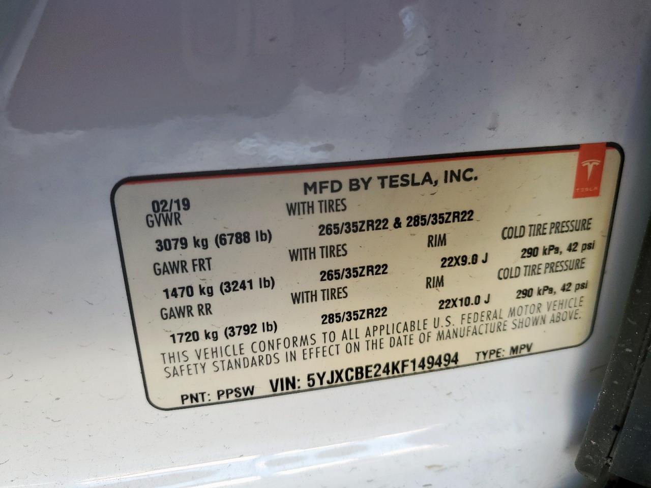 2019 Tesla Model X VIN: 5YJXCBE24KF149494 Lot: 67944615