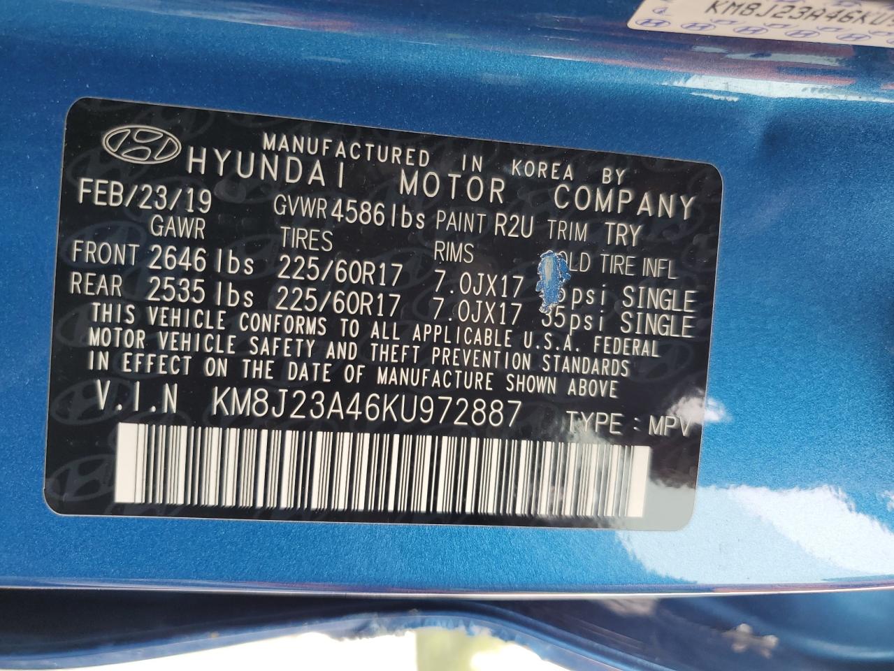 2019 Hyundai Tucson Se VIN: KM8J23A46KU972887 Lot: 67839295