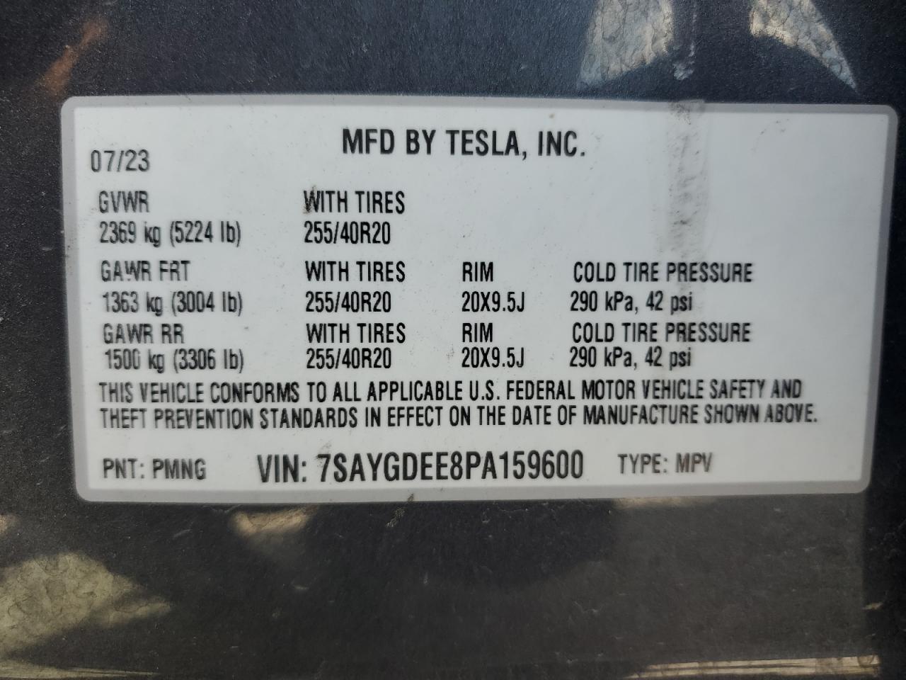 2023 Tesla Model Y VIN: 7SAYGDEE8PA159600 Lot: 68042905