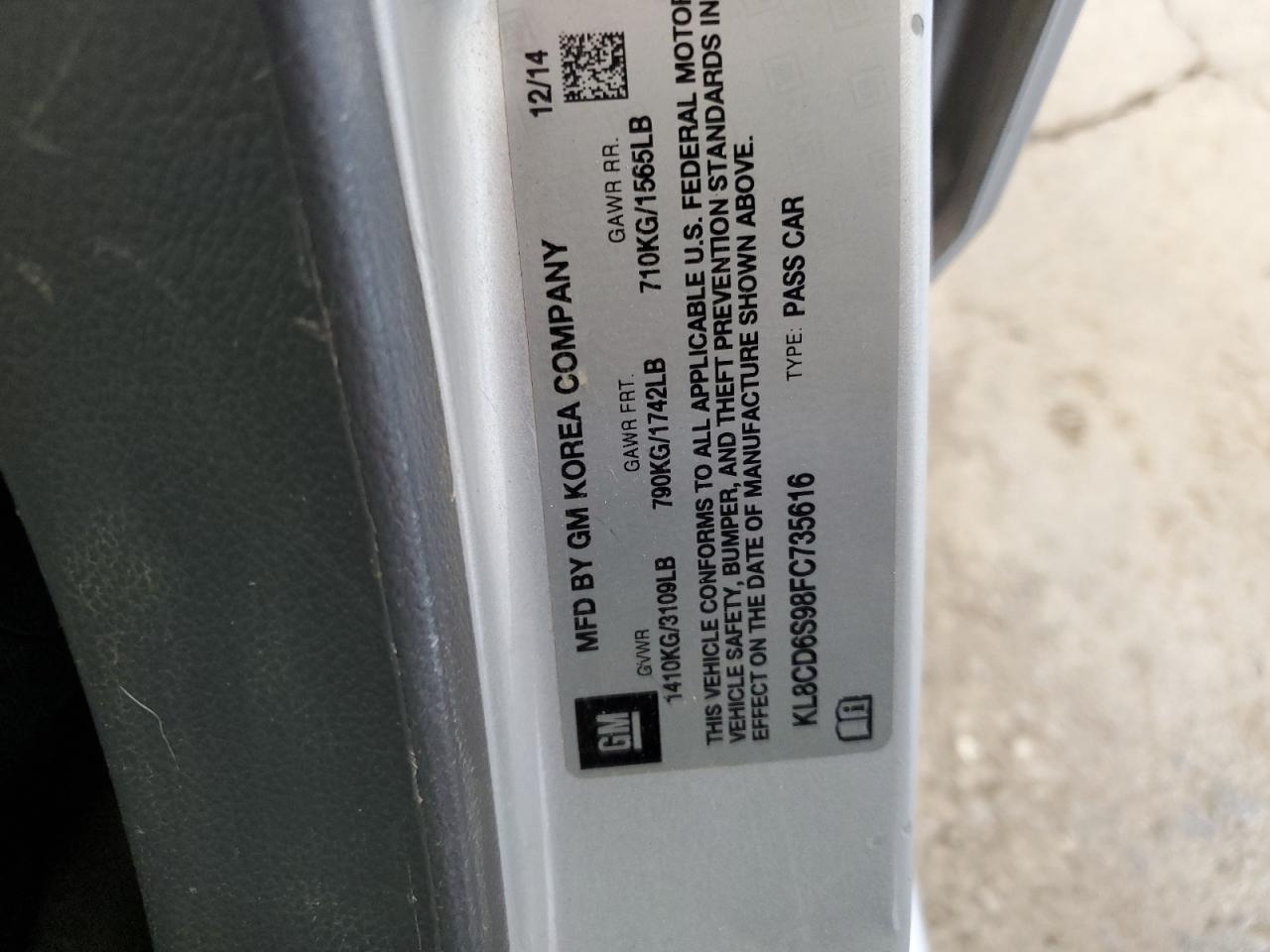 2015 Chevrolet Spark 1Lt VIN: KL8CD6S98FC735616 Lot: 70075555