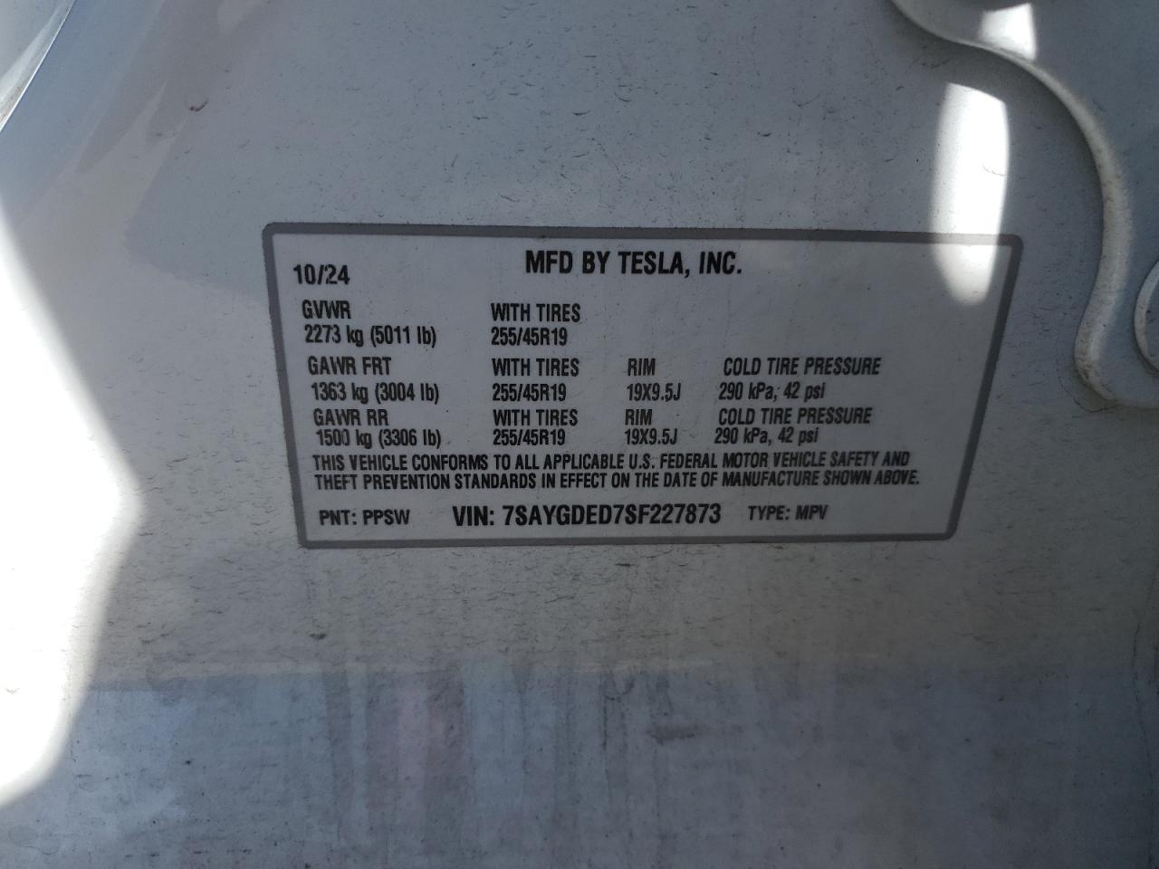 2025 Tesla Model Y VIN: 7SAYGDED7SF227873 Lot: 69053785