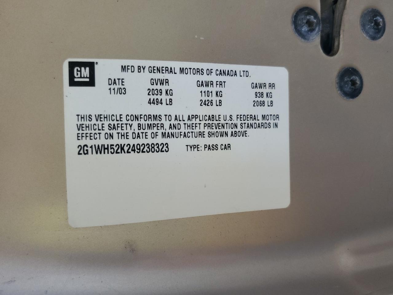 2004 Chevrolet Impala Ls VIN: 2G1WH52K249238323 Lot: 71918025