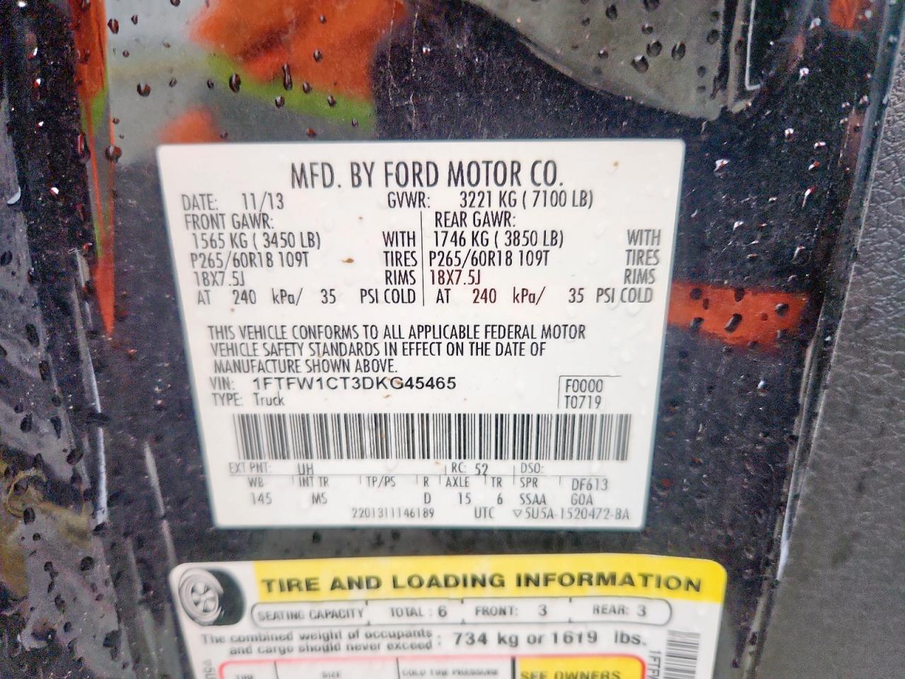 2013 Ford F150 Supercrew VIN: 1FTFW1CT3DKG45465 Lot: 69561075